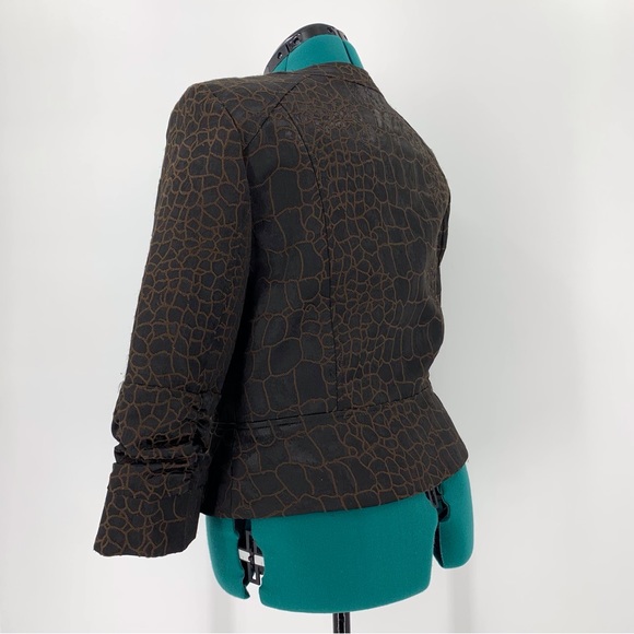 anthracite Brown Scale Print Zipper Closure 3/4 Ruched Sleeve Blazer, 10 - Picture 4 of 16